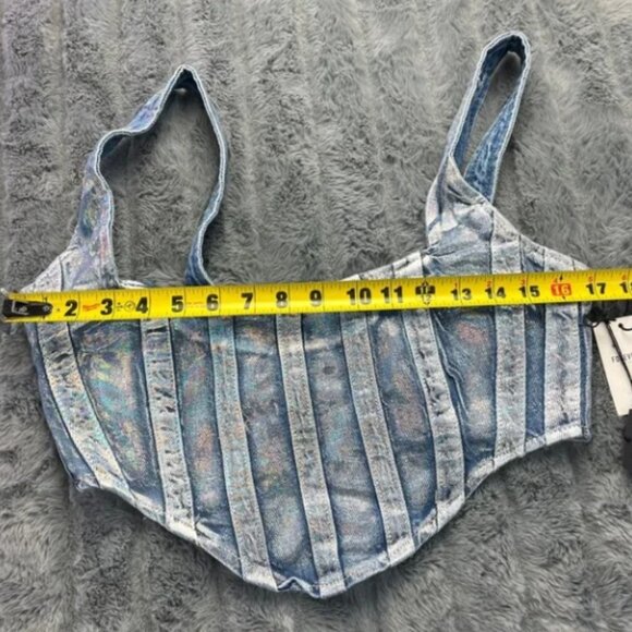 NWT Forever 21 Women's Denim Curved-Hem Top Metallic Stripes Bustier Size M - Picture 6 of 9